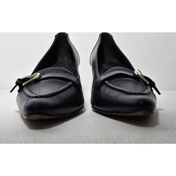 BROOKS BROTHERS Leather 7.5 Kitten Heels Buckle Pointed Toe Italy Bluish Black - Picture 3 of 12